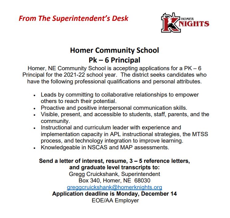 Homer Community Schools Elementary Principal Opening